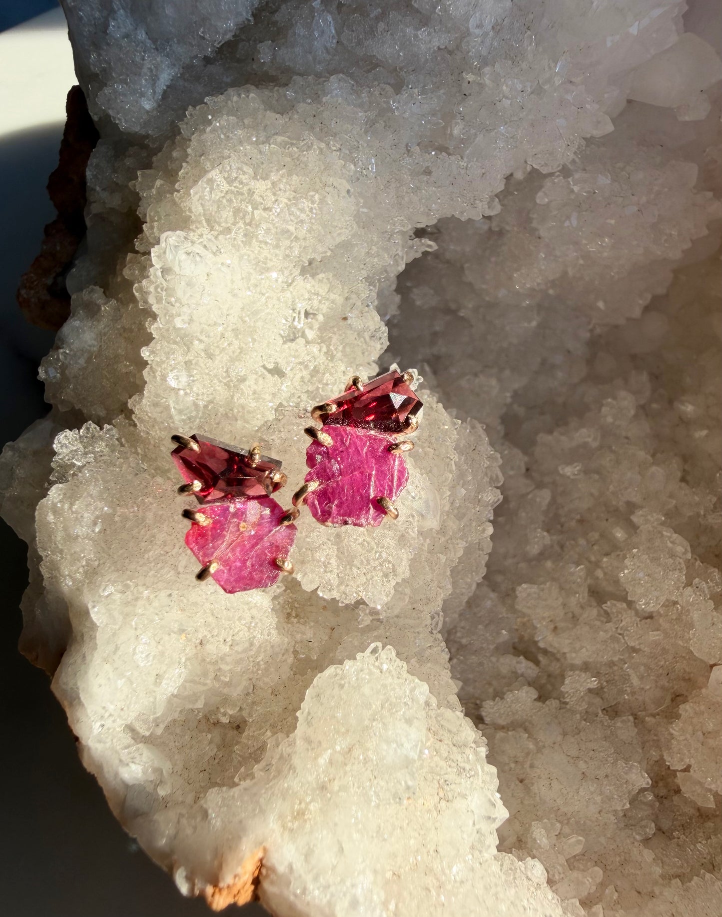 Rhodolite Garnet + Raw Ruby Earrings