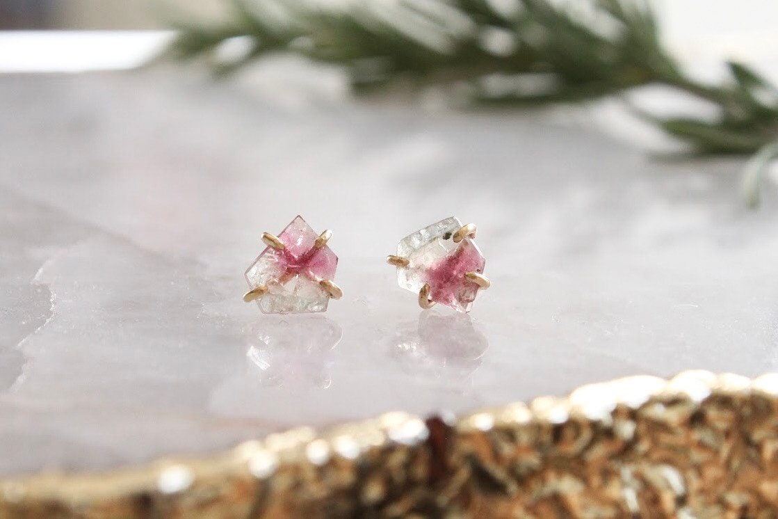 Rose Cut Pink and Blue Tourmaline Stud Earrings