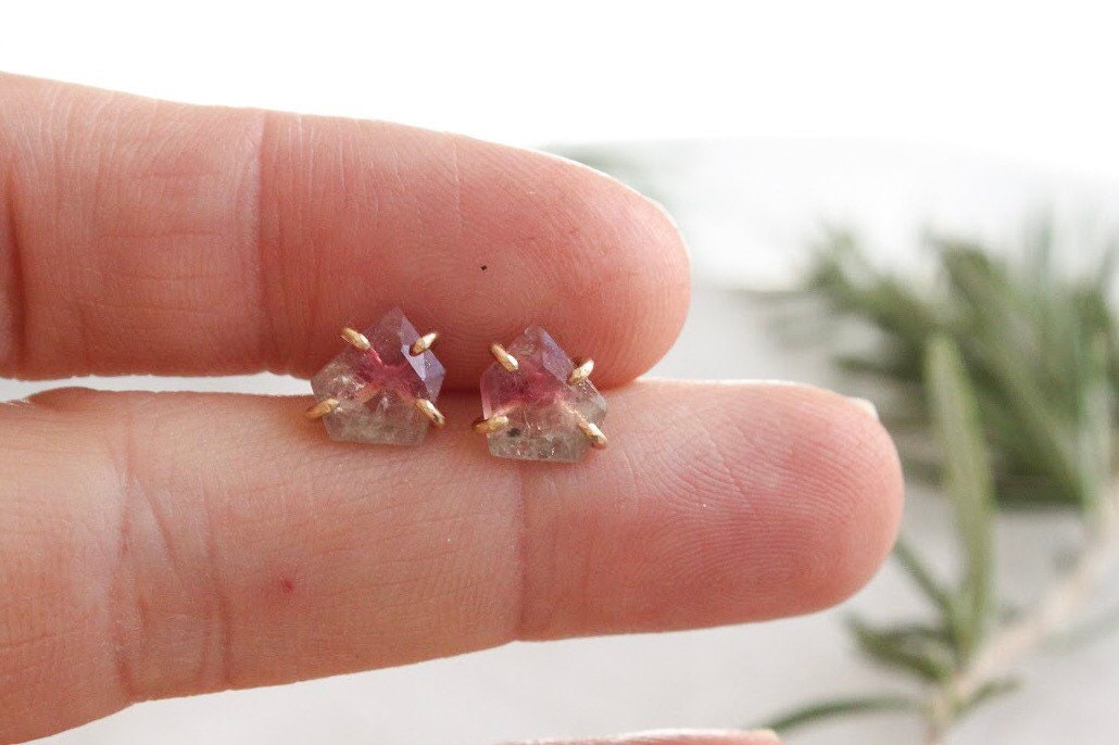 Rose Cut Pink and Blue Tourmaline Stud Earrings