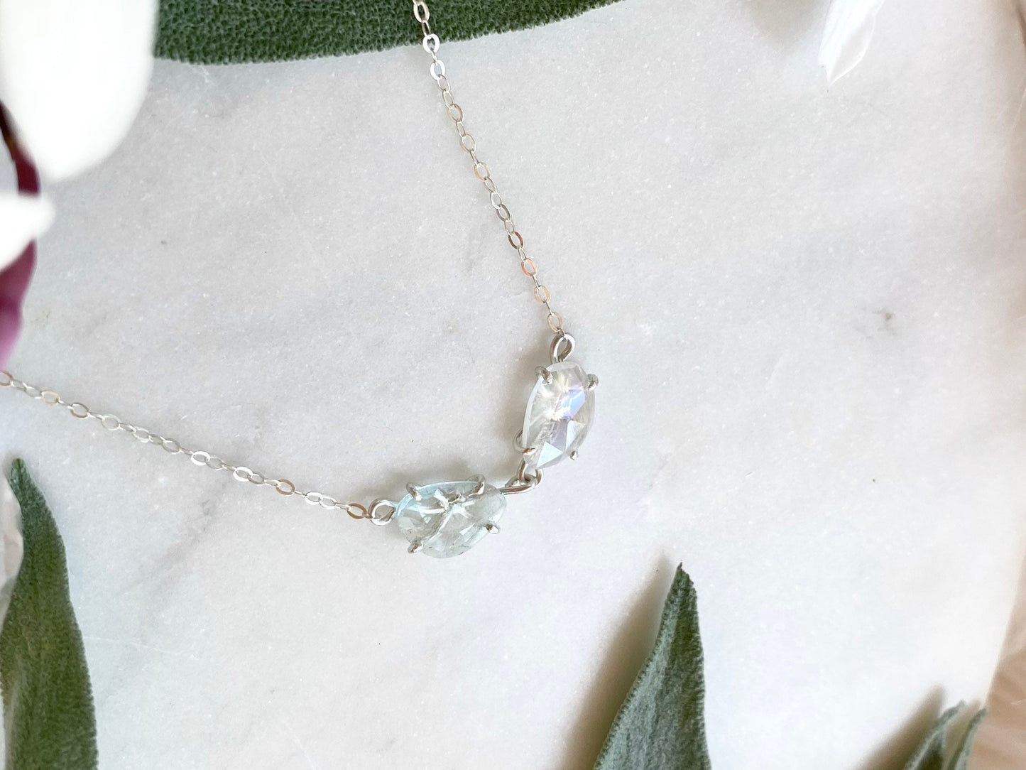 Rose Cut Aquamarine + Rainbow Moonstone Necklace