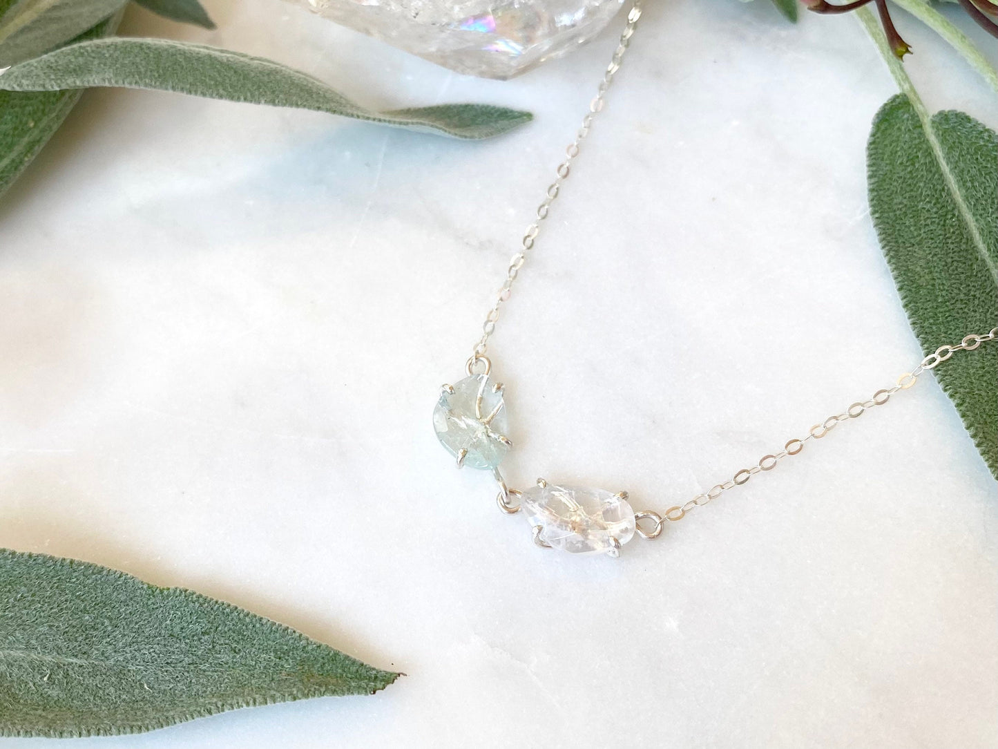 Rose Cut Aquamarine + Rainbow Moonstone Necklace