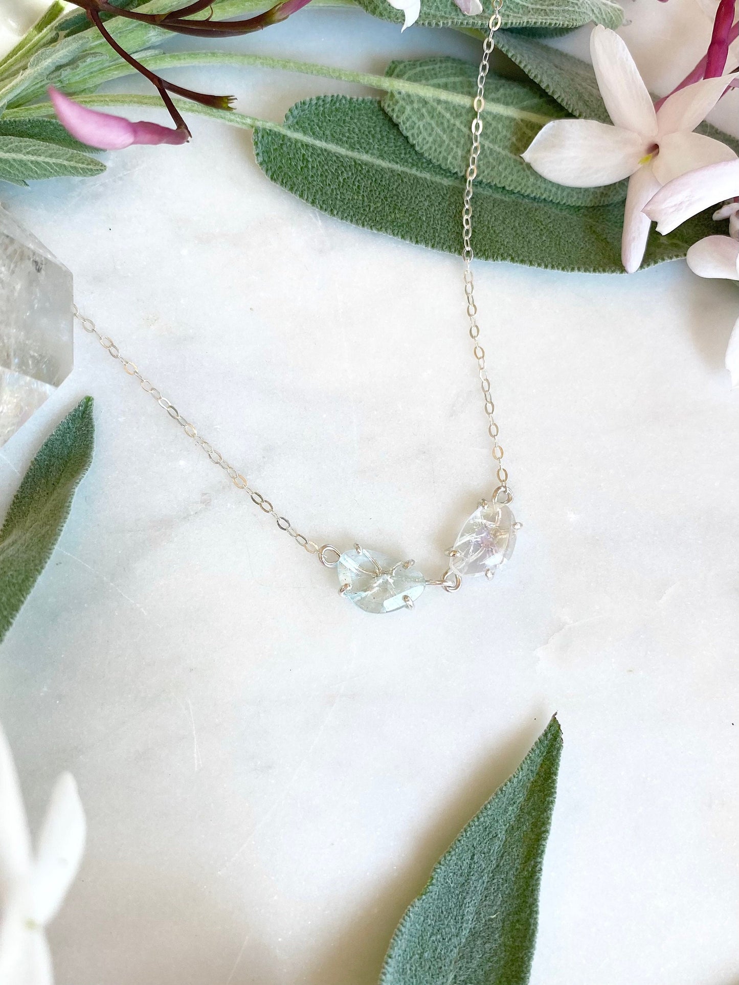 Rose Cut Aquamarine + Rainbow Moonstone Necklace