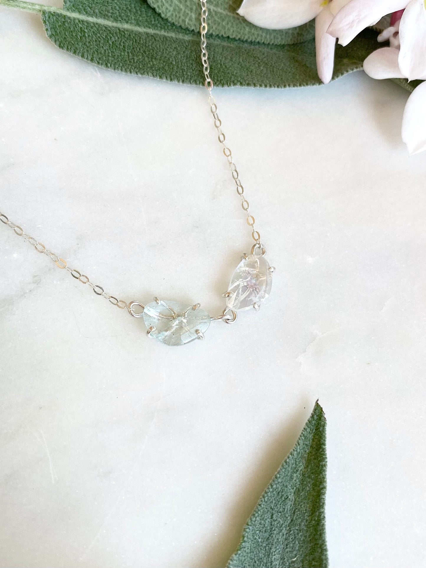 Rose Cut Aquamarine + Rainbow Moonstone Necklace