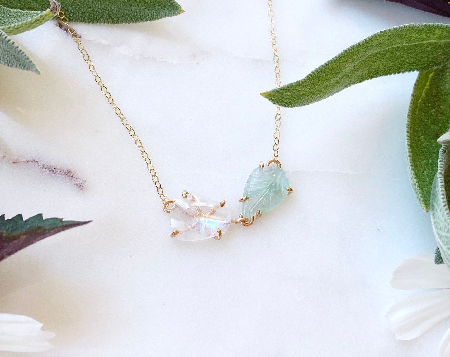 Rose Cut Moonstone + Carved Peruvian Opal Necklace