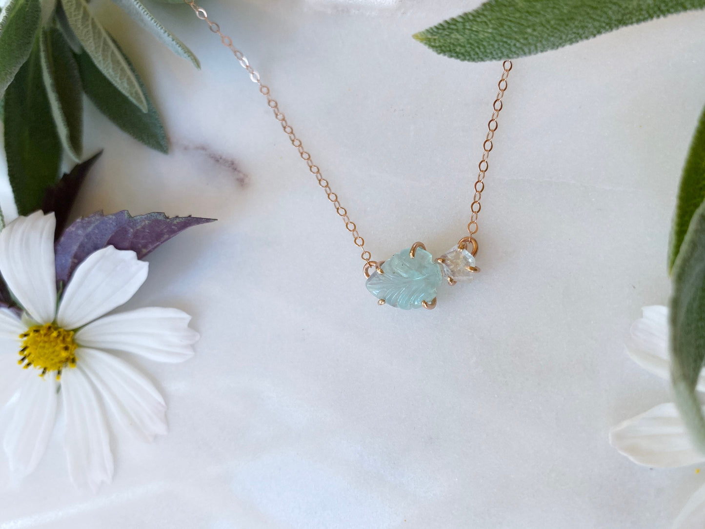 Carved Peruvian Opal + Rose Cut Rainbow Moonstone Necklace