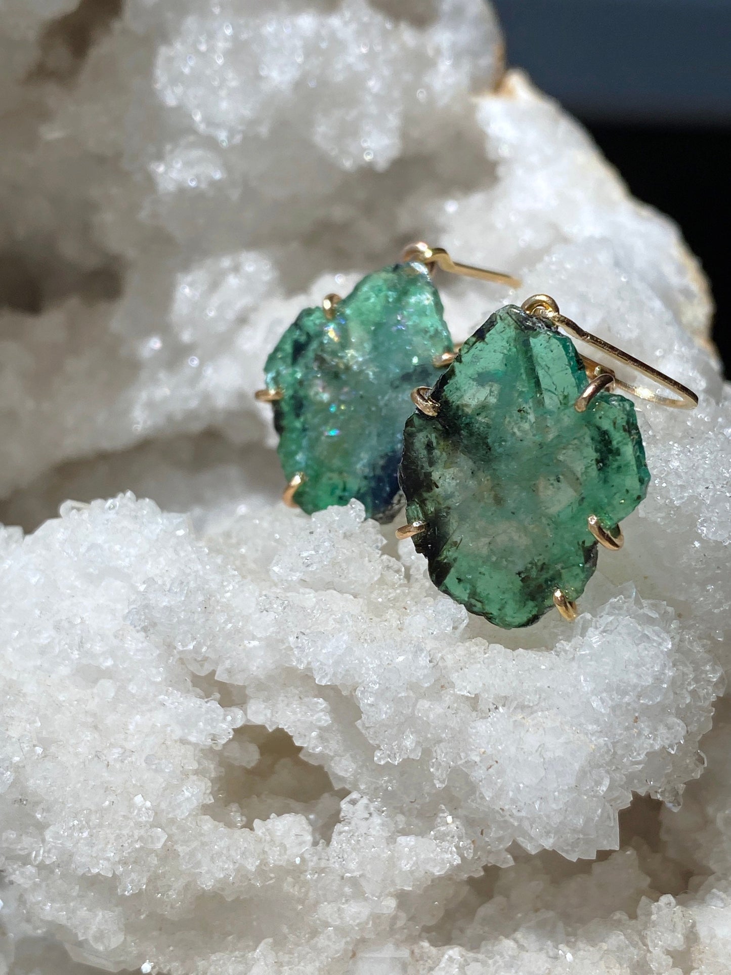 Raw Emerald Slice Earrings in 14k Gold