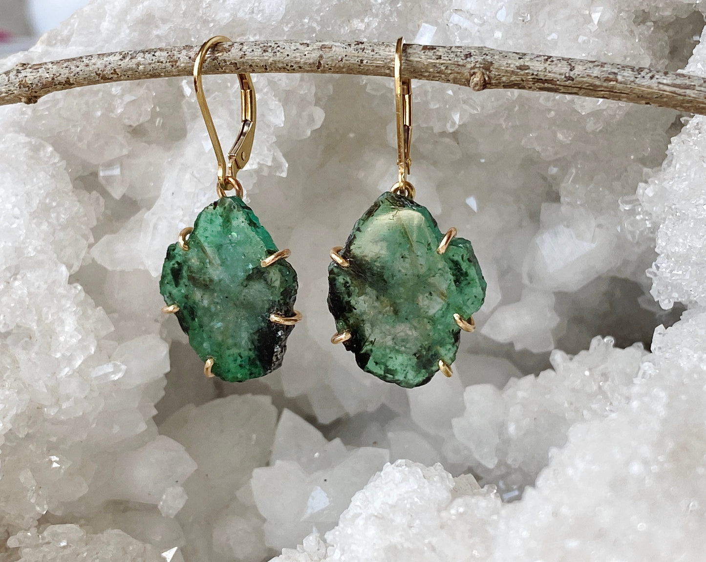 Raw Emerald Slice Earrings in 14k Gold