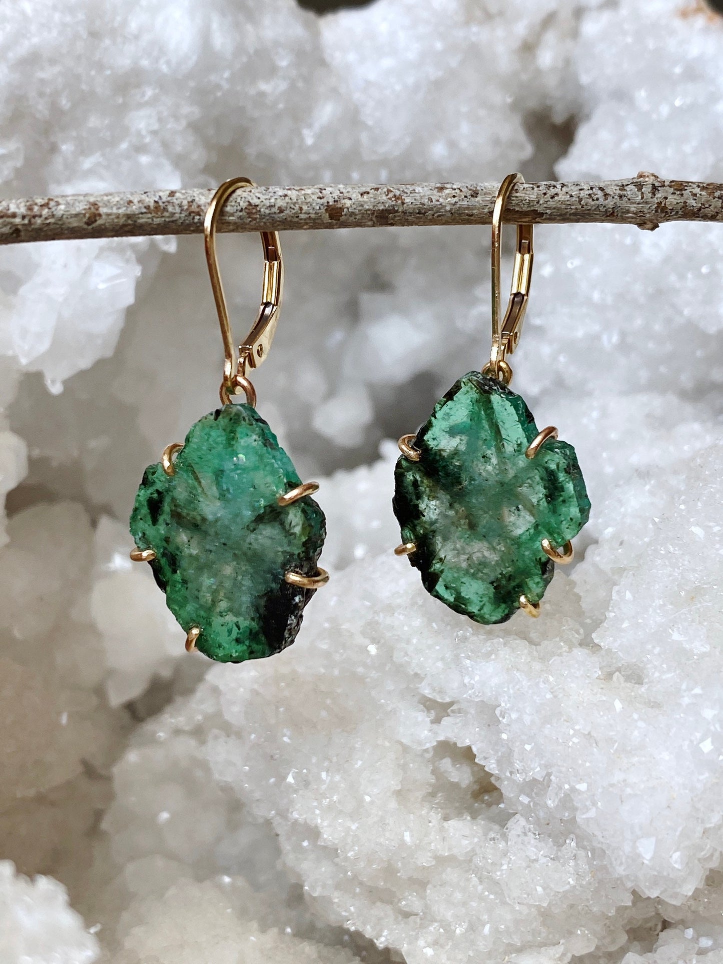Raw Emerald Slice Earrings in 14k Gold