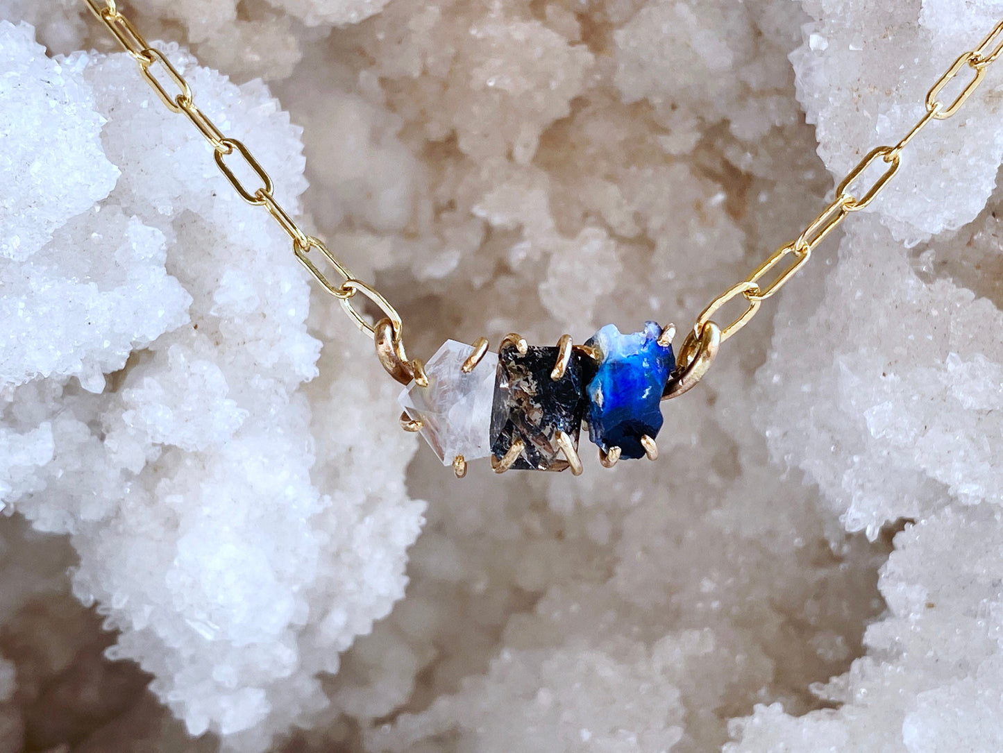 Rainbow Moonstone + Herkimer Diamond + Australian Opal Necklace