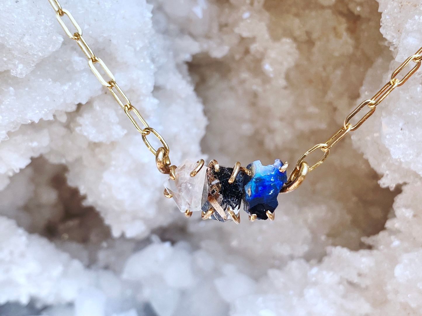 Rainbow Moonstone + Herkimer Diamond + Australian Opal Necklace