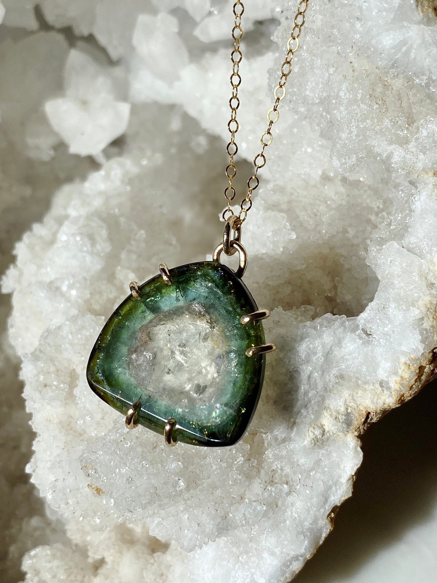 Black Green and Blue Tourmaline Slice Pendant Necklace