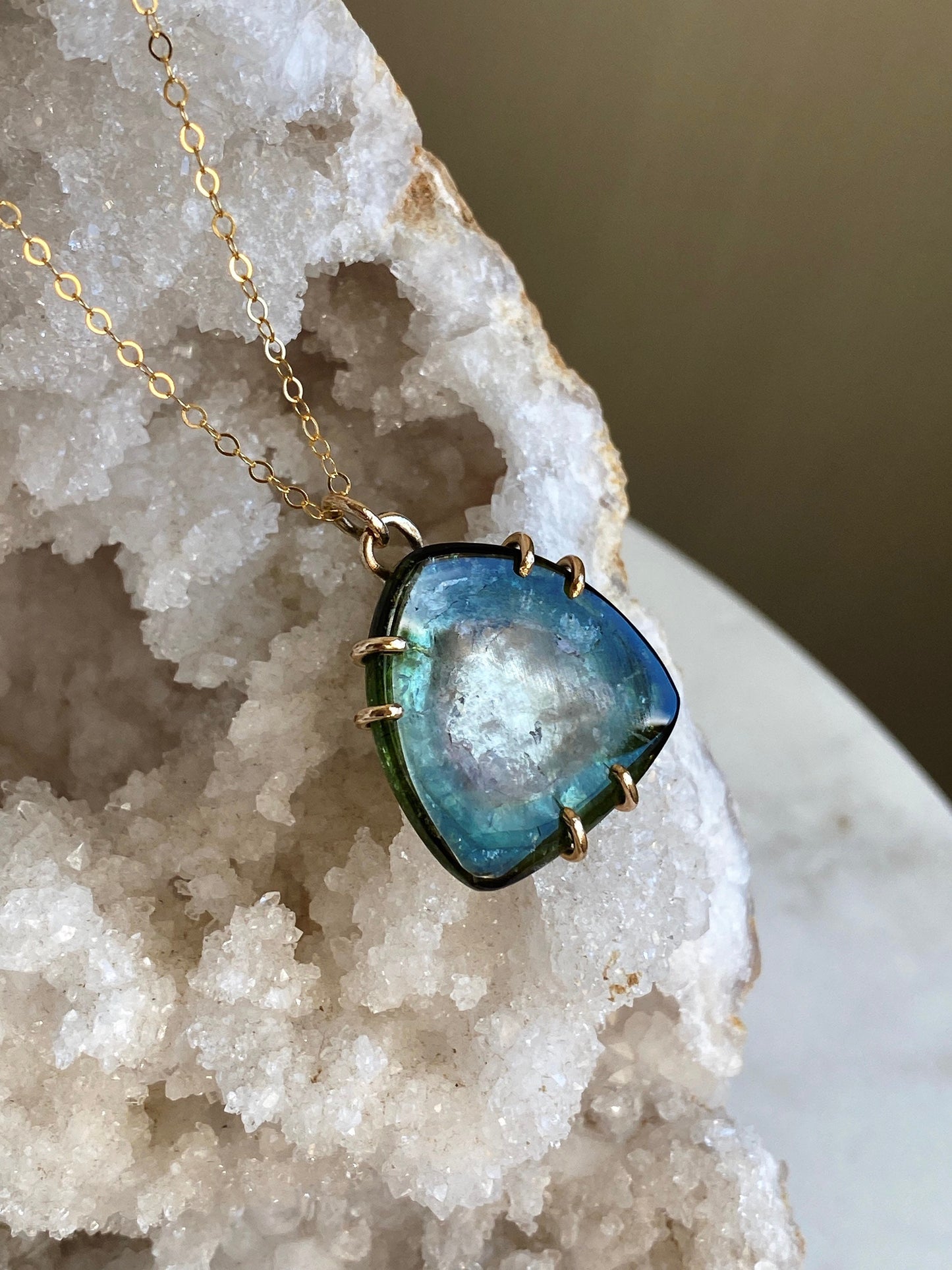 Black Green and Blue Tourmaline Slice Pendant Necklace