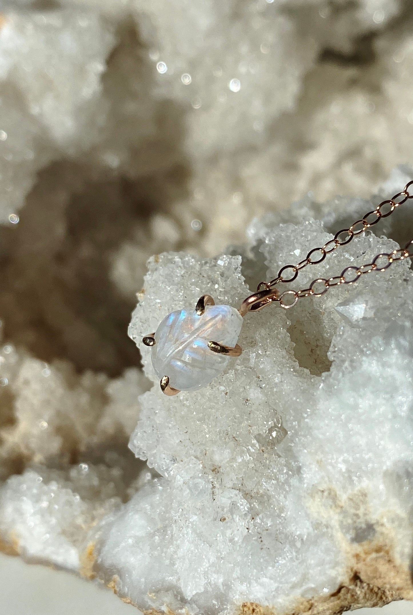 Carved Rainbow Moonstone Necklace in Rose Gold