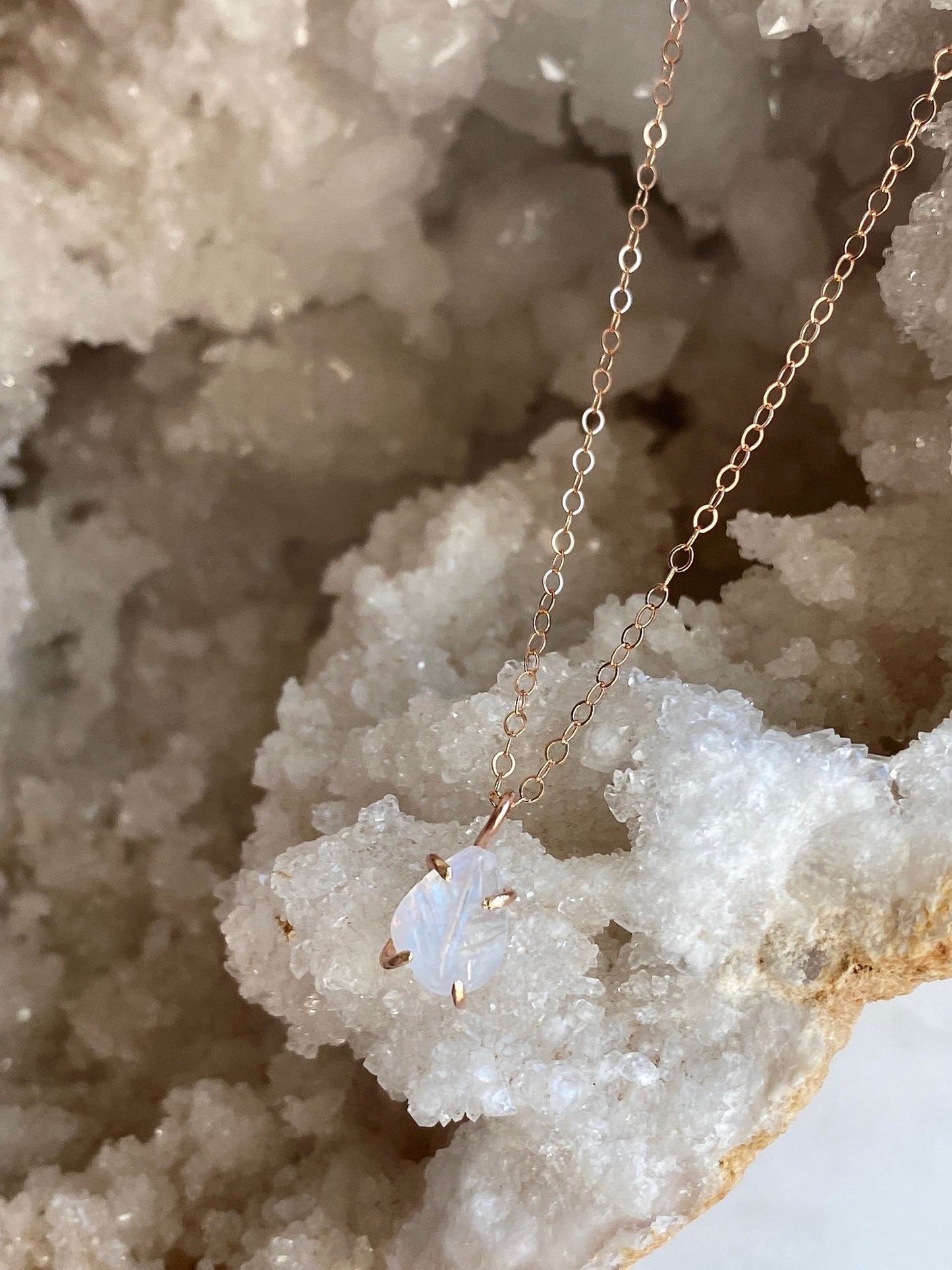 Carved Rainbow Moonstone Necklace in Rose Gold