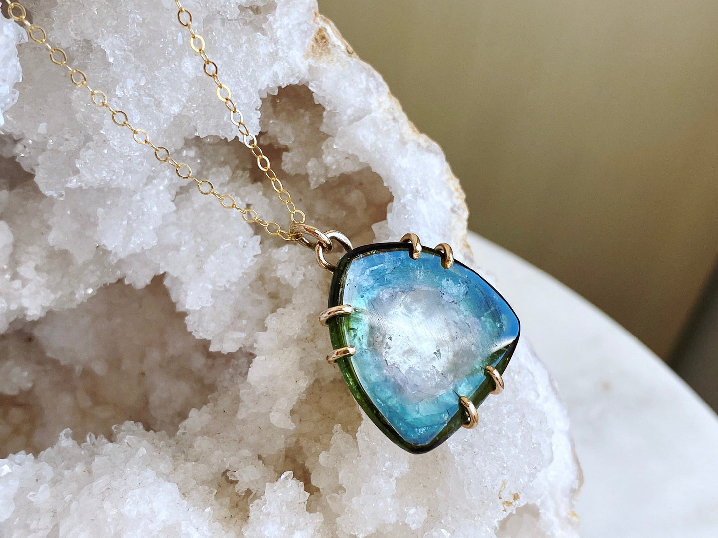 Black Green and Blue Tourmaline Slice Pendant Necklace
