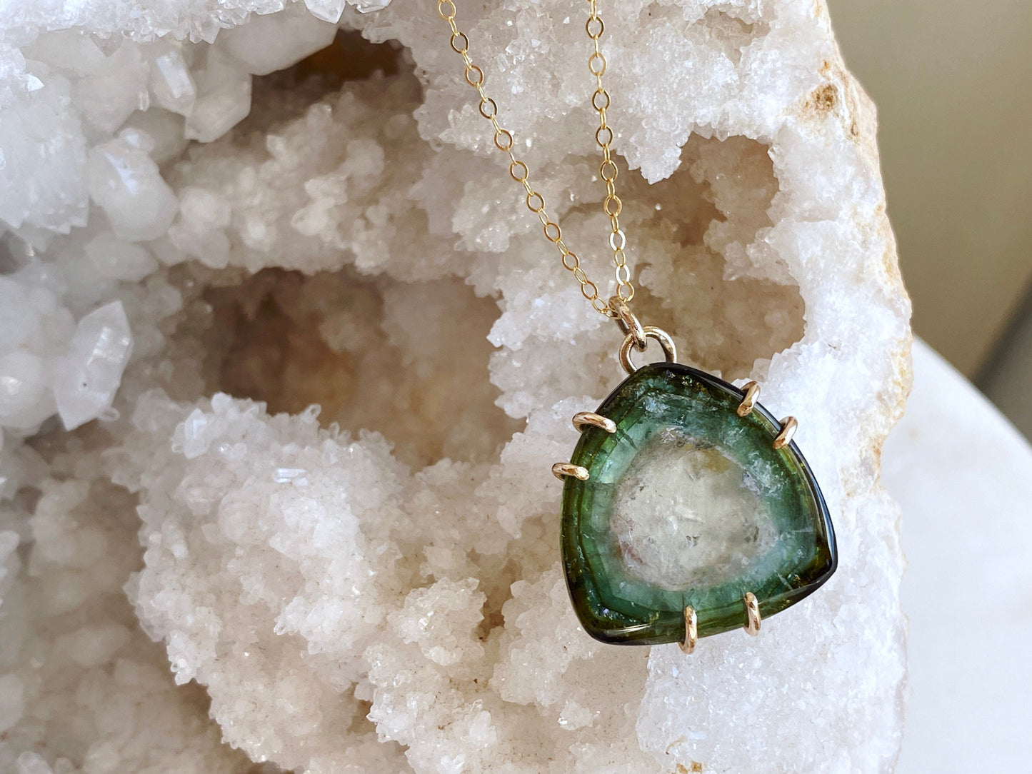 Black Green and Blue Tourmaline Slice Pendant Necklace