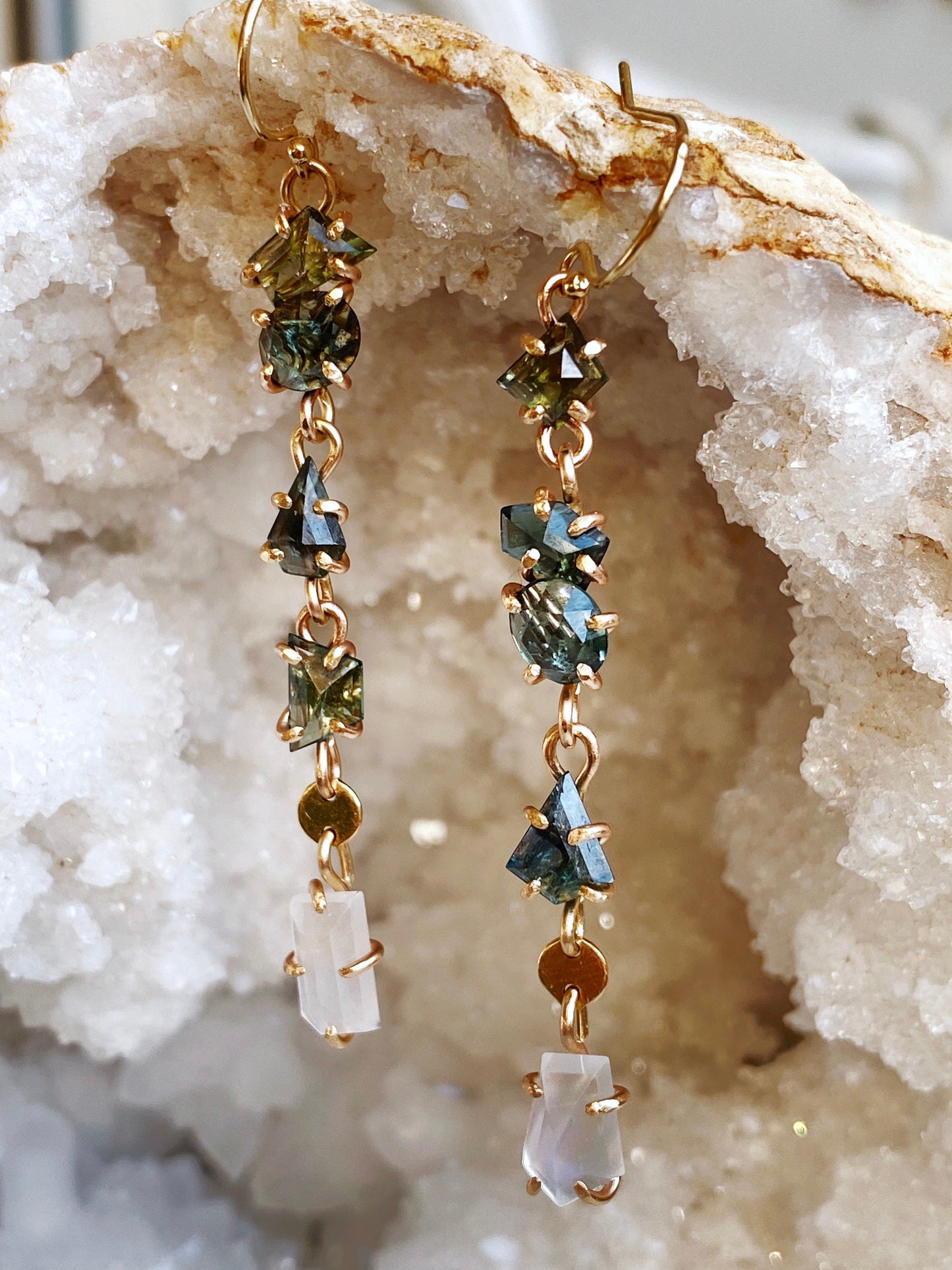 Rose Cut Sapphire + Moonstone Earrings