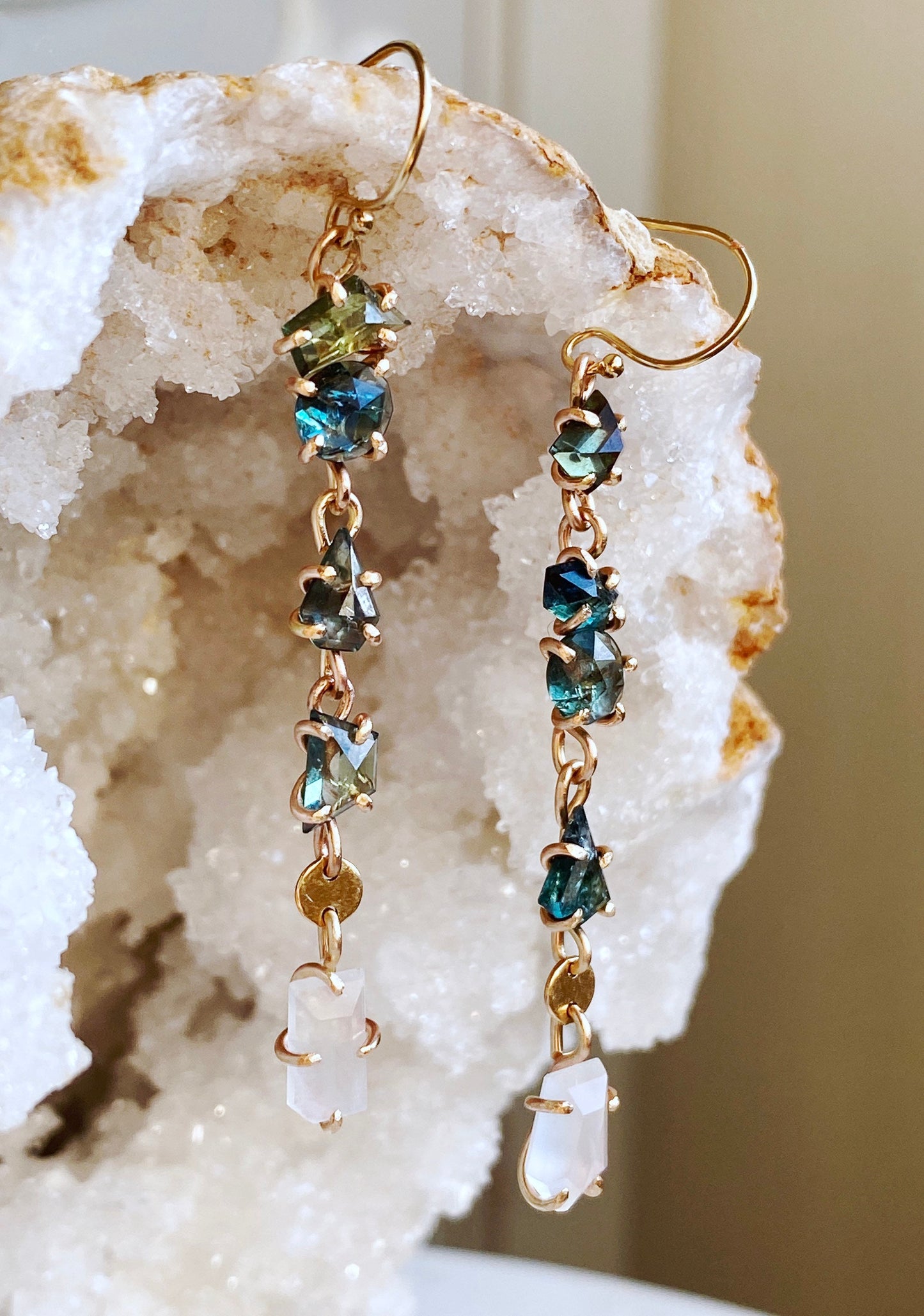 Rose Cut Sapphire + Moonstone Earrings