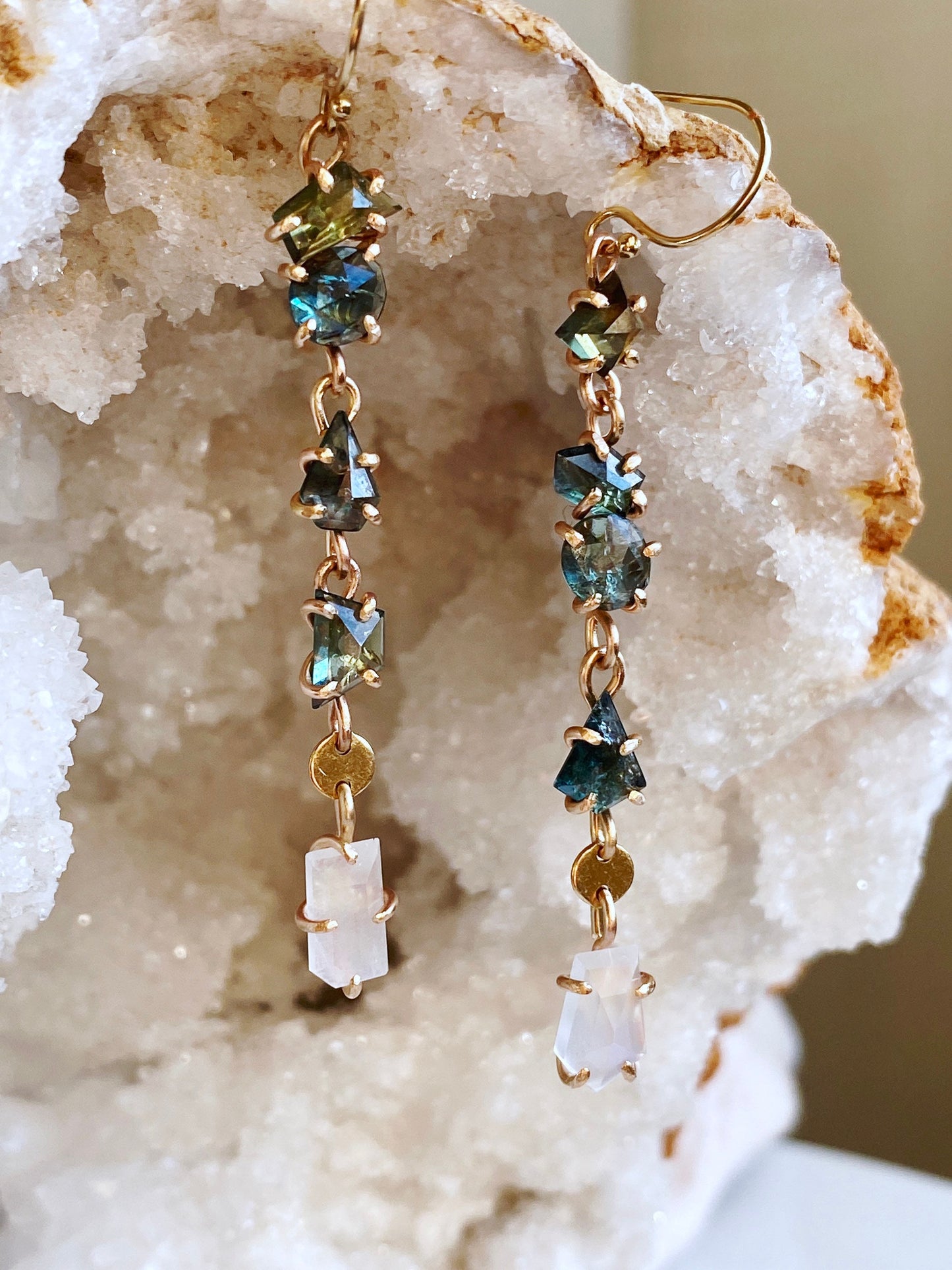 Rose Cut Sapphire + Moonstone Earrings