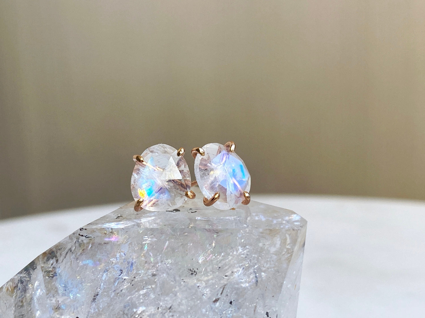 Rose Cut Rainbow Moonstone Stud Earrings