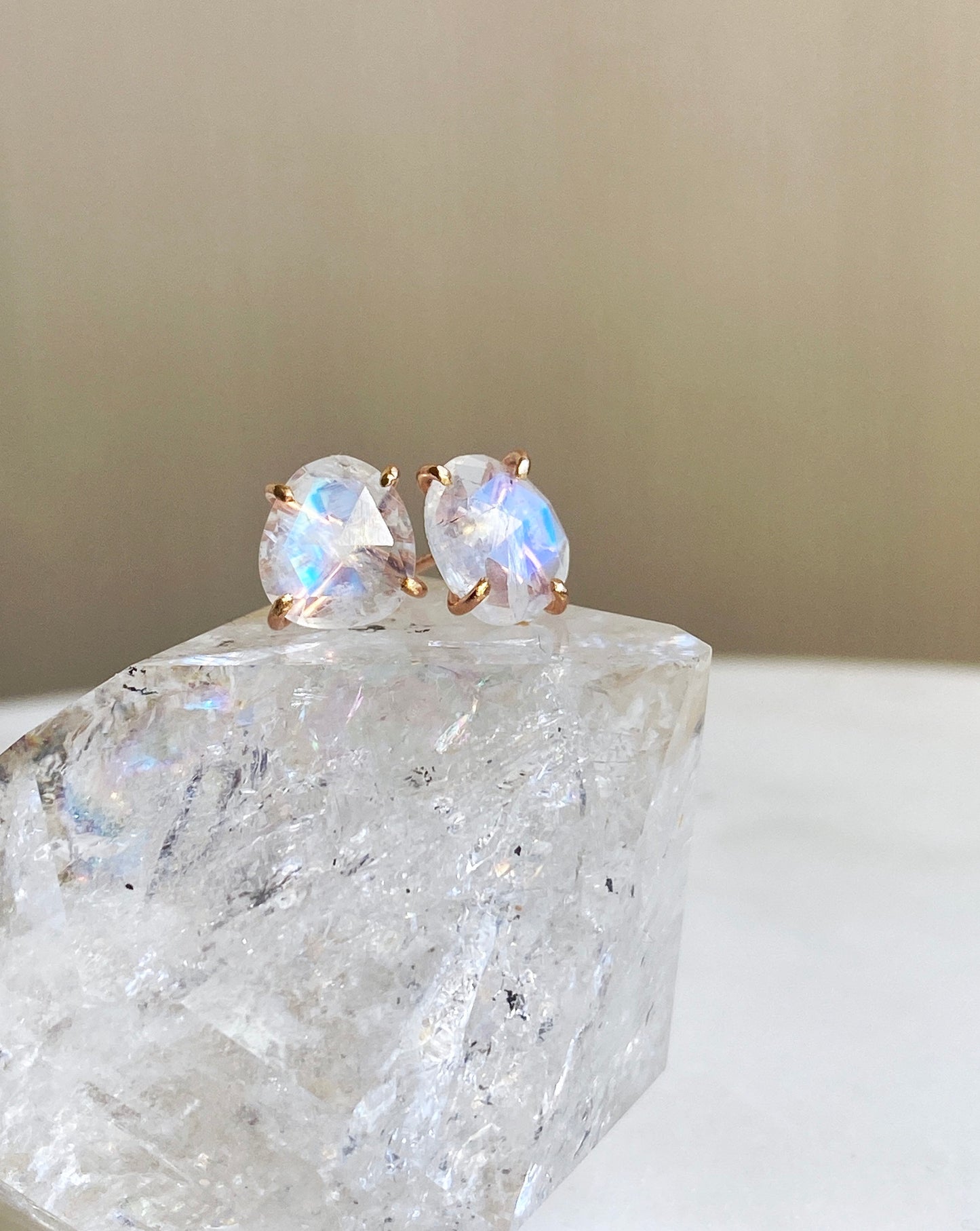 Rose Cut Rainbow Moonstone Stud Earrings