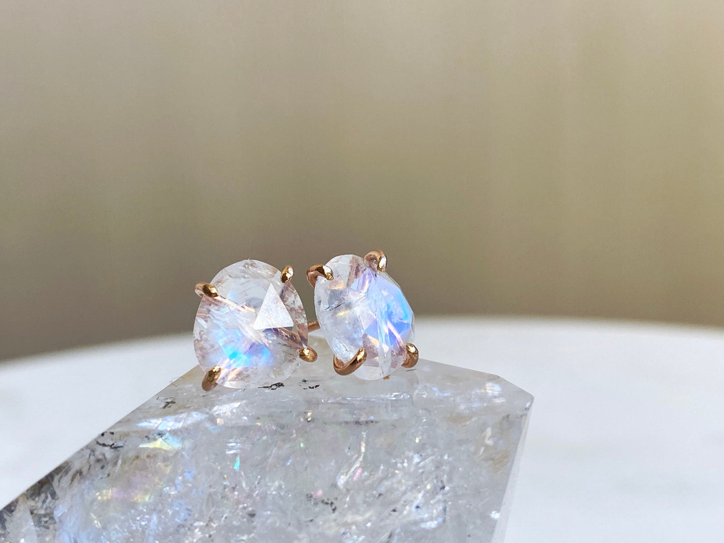 Rose Cut Rainbow Moonstone Stud Earrings