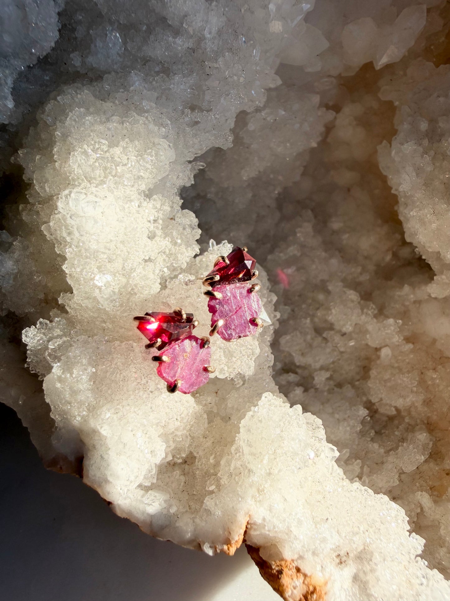Rhodolite Garnet + Raw Ruby Earrings