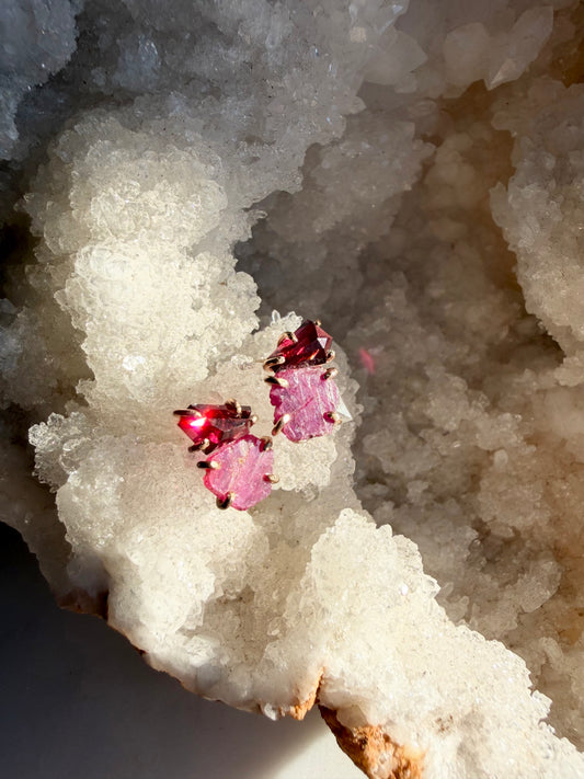 Rhodolite Garnet + Raw Ruby Earrings