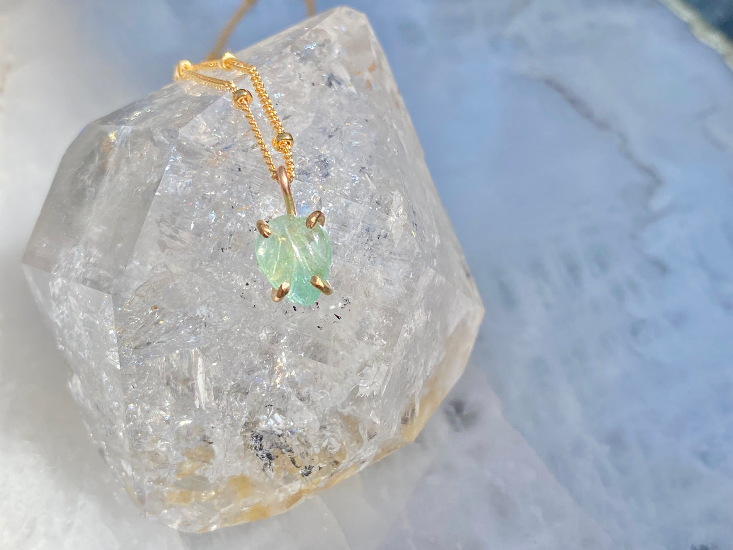 Carved Emerald Leaf Necklace