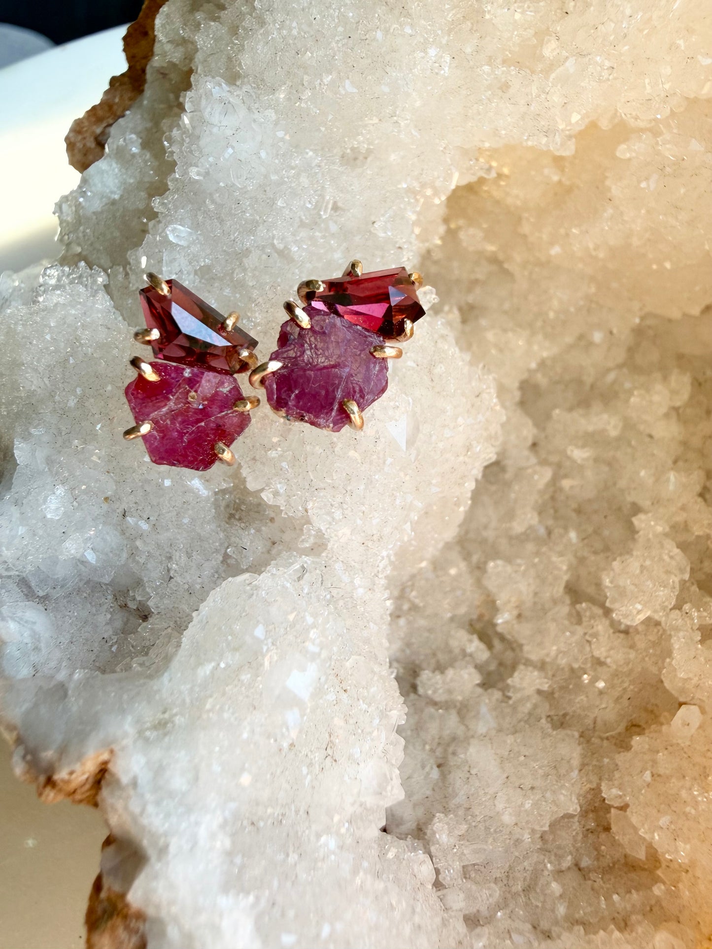 Rhodolite Garnet + Raw Ruby Earrings