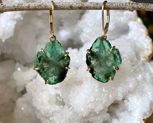 Raw Emerald Slice Earrings in 14k Gold