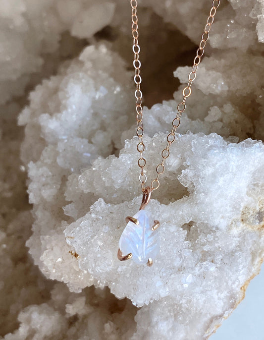 Carved Rainbow Moonstone Necklace in Rose Gold